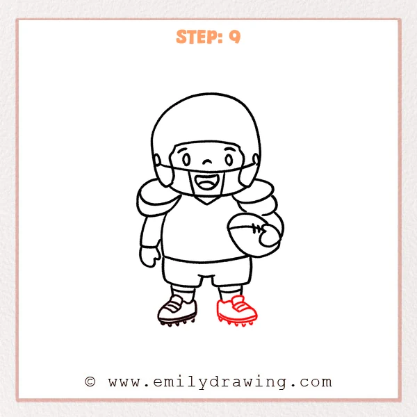 how to draw a football player - A cute football player holding a football, now with both cleats drawn, including laces and small studs under each shoe.